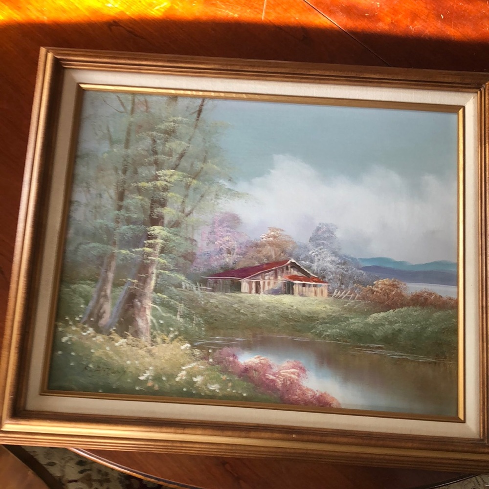Mid century vintage painting signed K. Anthony/landscape/ barn/mountains/lake
